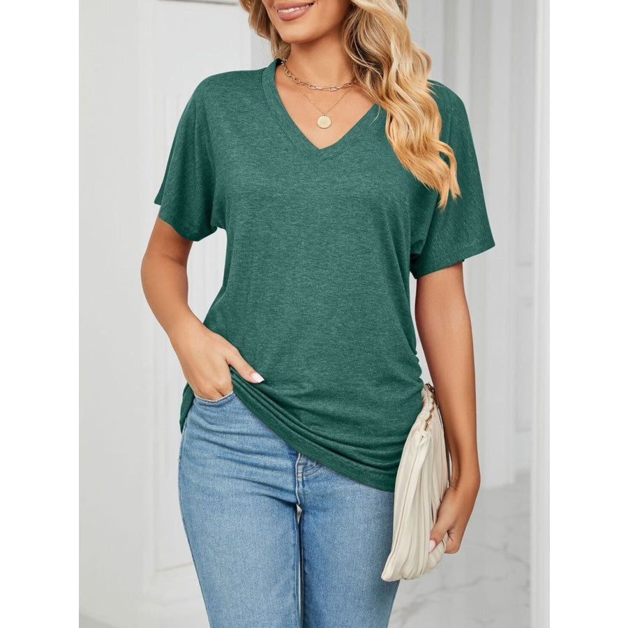 Casual V-Neck Short Sleeve T-Shirt Dark Green / S Apparel and Accessories