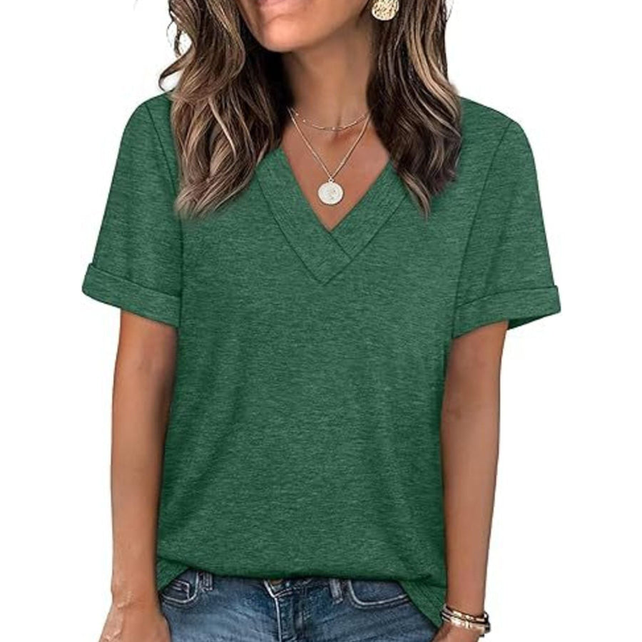 Casual V-Neck Short Sleeve T-Shirt Dark Green / S Apparel and Accessories