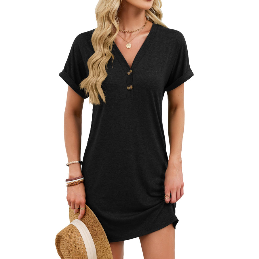 Casual V-Neck Short Sleeve T-Shirt Dress Black / S Apparel and Accessories