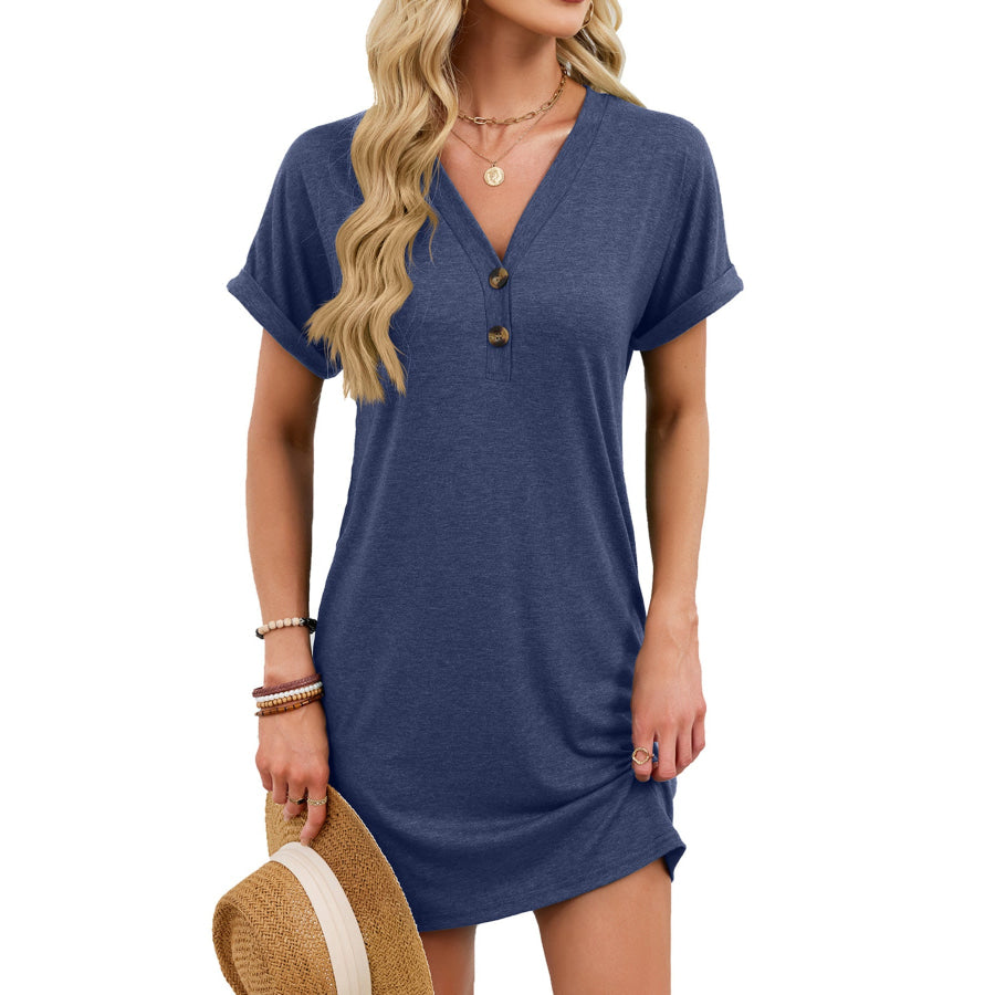 Casual V-Neck Short Sleeve T-Shirt Dress Navy Blue / S Apparel and Accessories