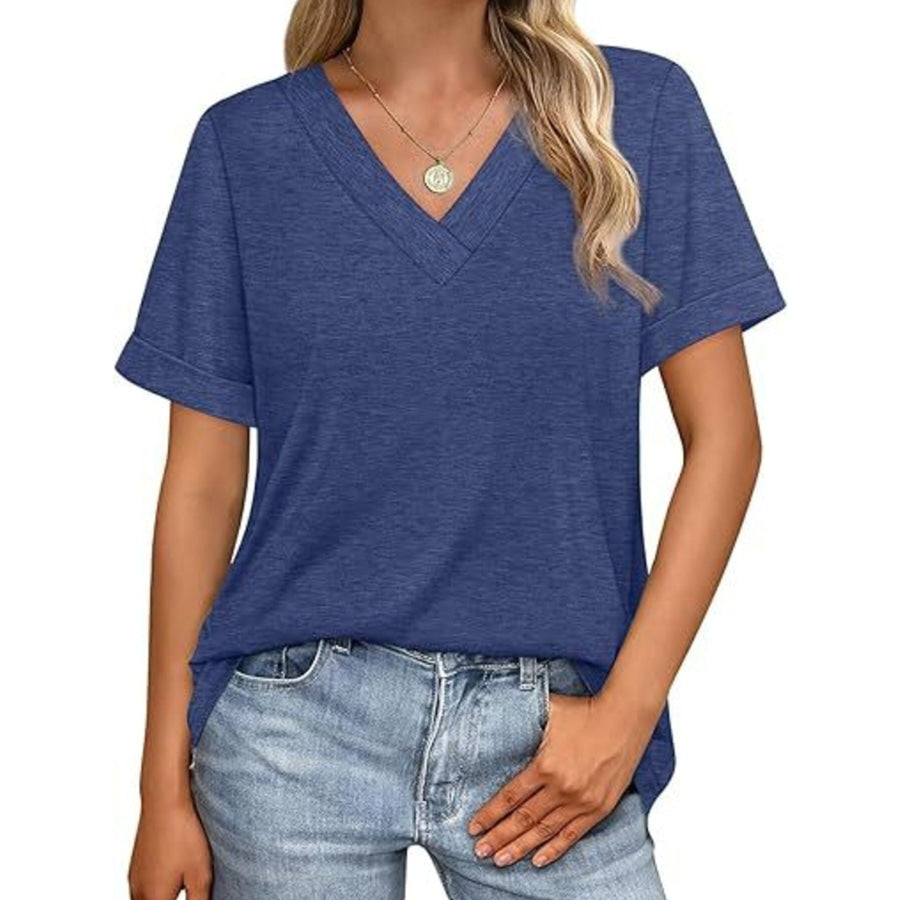 Casual V-Neck Short Sleeve T-Shirt Navy Blue / S Apparel and Accessories