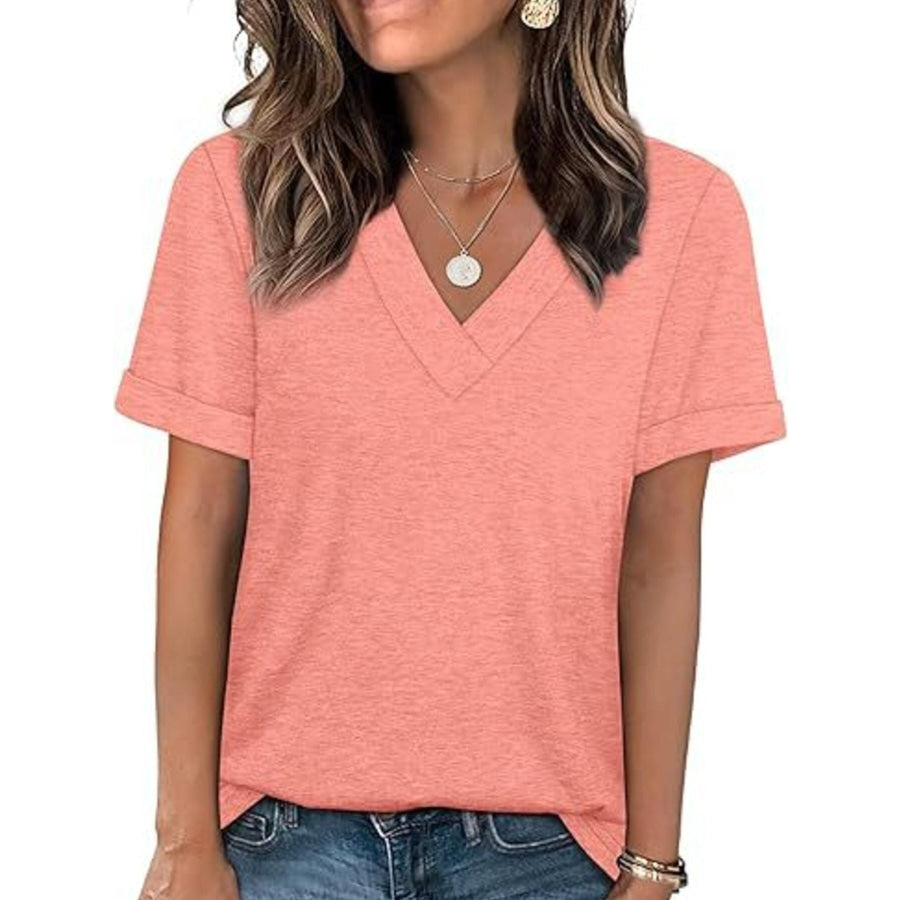 Casual V-Neck Short Sleeve T-Shirt Pink / S Apparel and Accessories