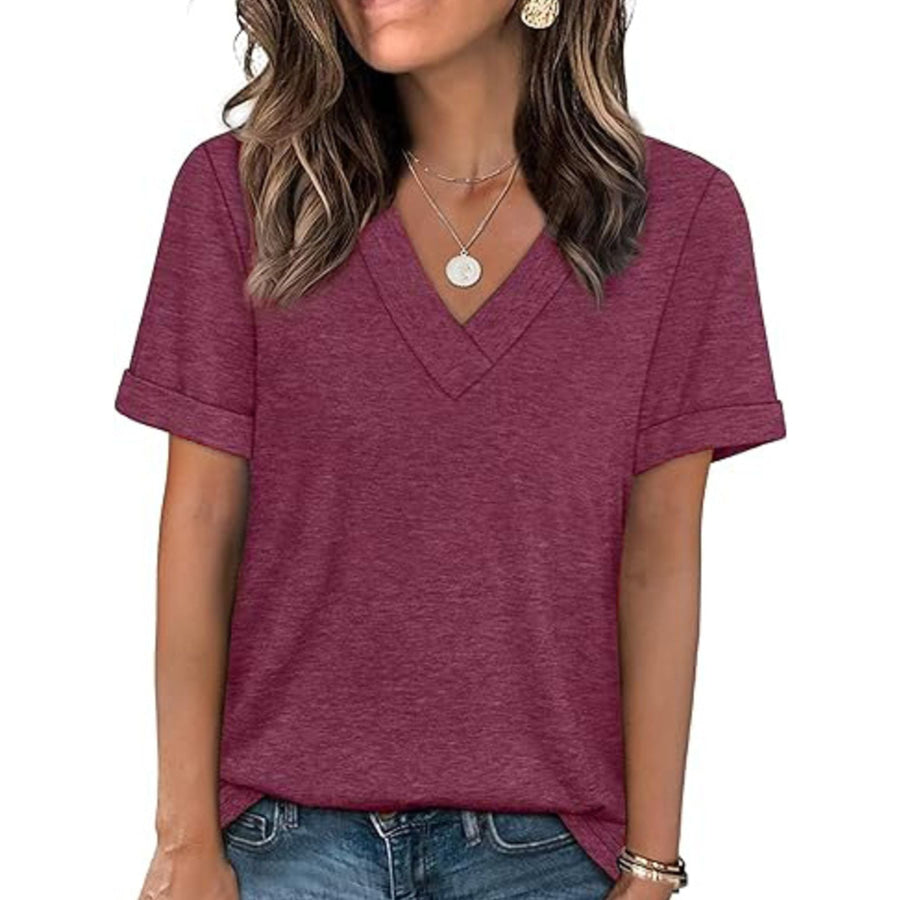 Casual V-Neck Short Sleeve T-Shirt Wine Red / S Apparel and Accessories
