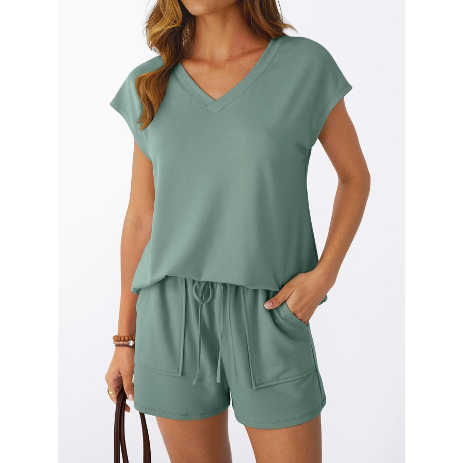 Casual V-Neck T-Shirt and Shorts Set Light Green / S Apparel and Accessories
