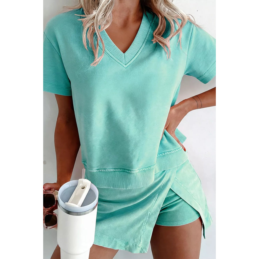 Casual V-Neck Top and Wrap Skort Set Apparel and Accessories