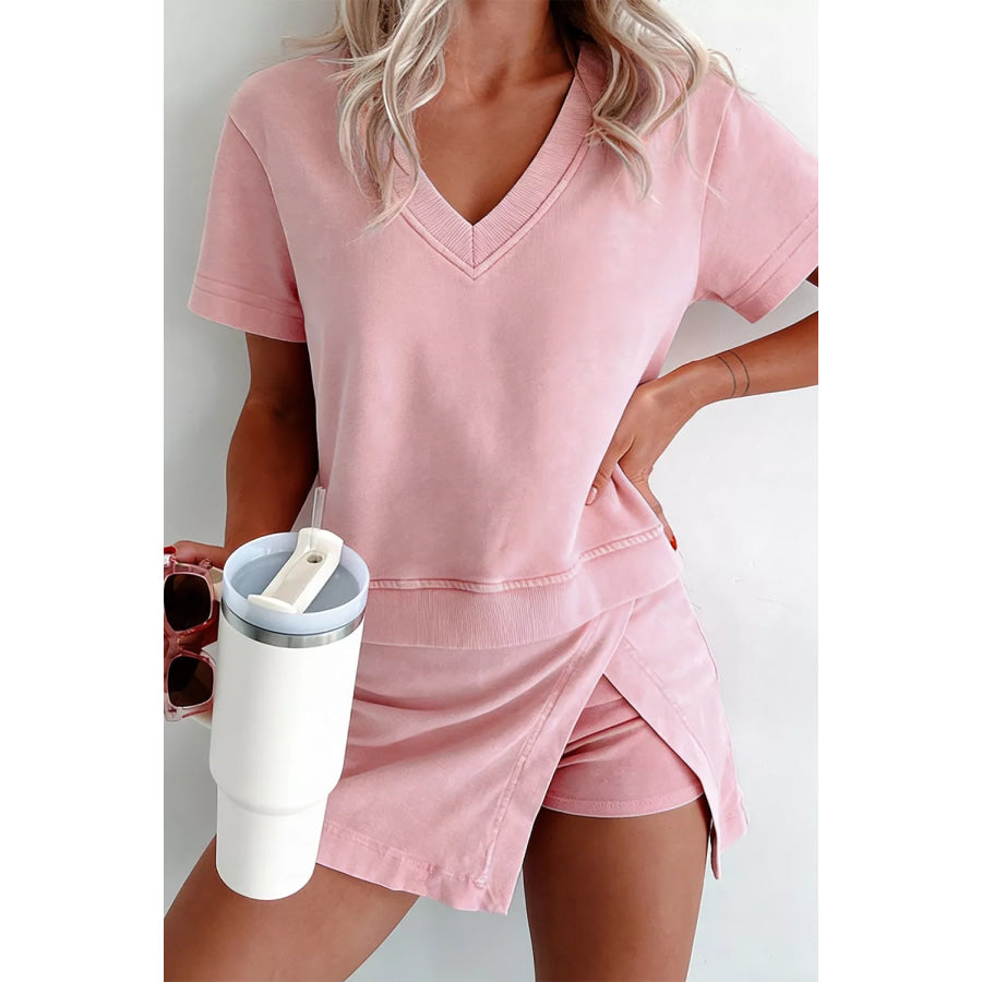 Casual V-Neck Top and Wrap Skort Set Apparel and Accessories