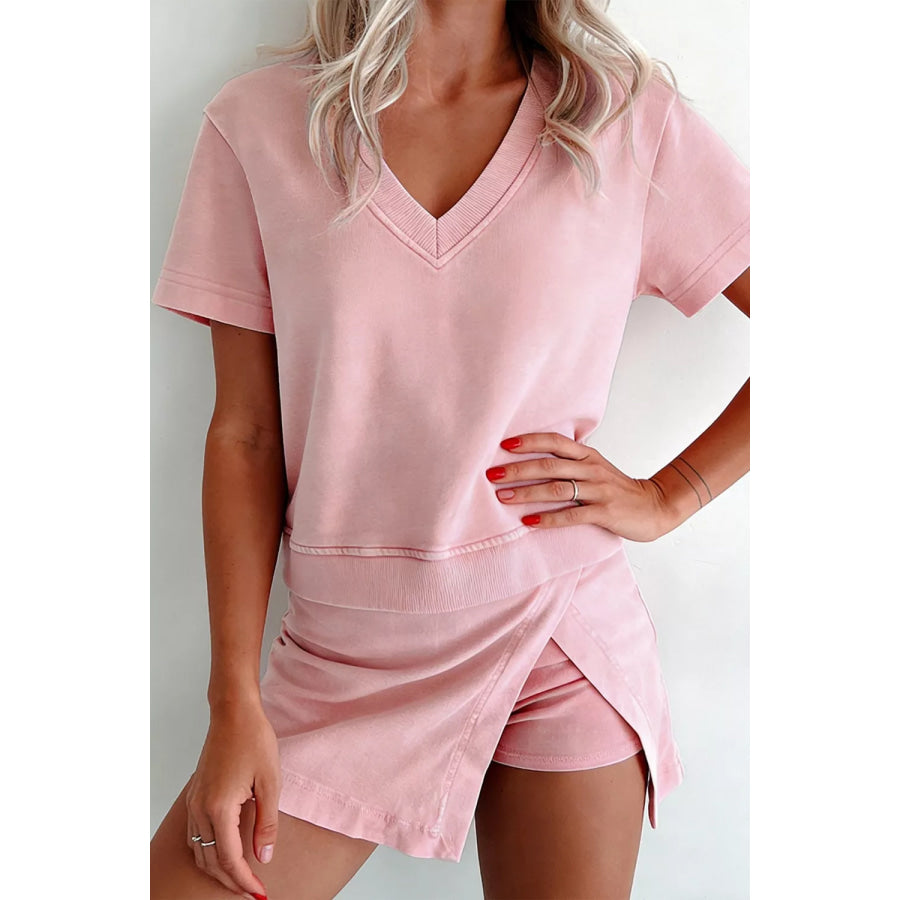 Casual V-Neck Top and Wrap Skort Set Blush Pink / S Apparel and Accessories