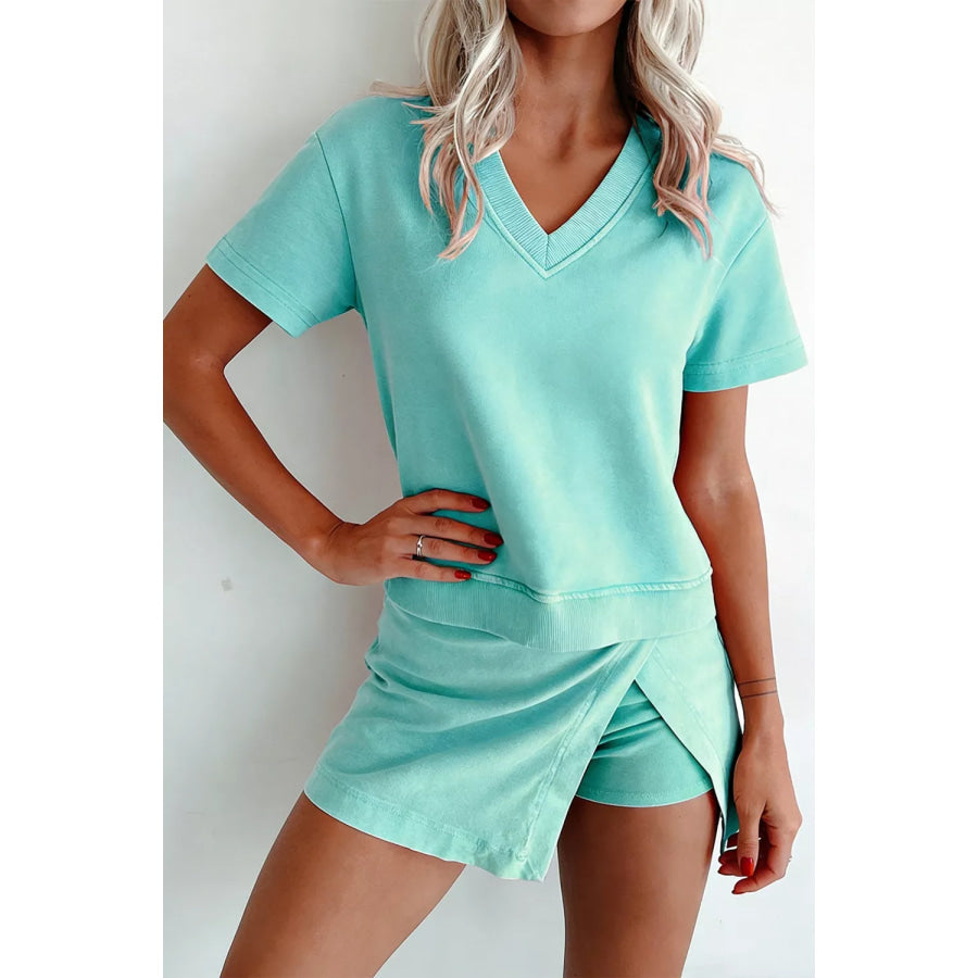 Casual V-Neck Top and Wrap Skort Set Turquoise / S Apparel and Accessories
