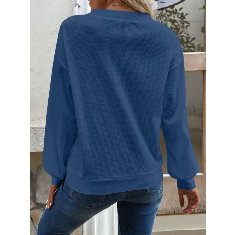 Casual V-Neck Waffle Long Sleeve Top Apparel and Accessories