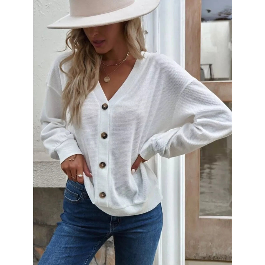 Casual V-Neck Waffle Long Sleeve Top Apparel and Accessories