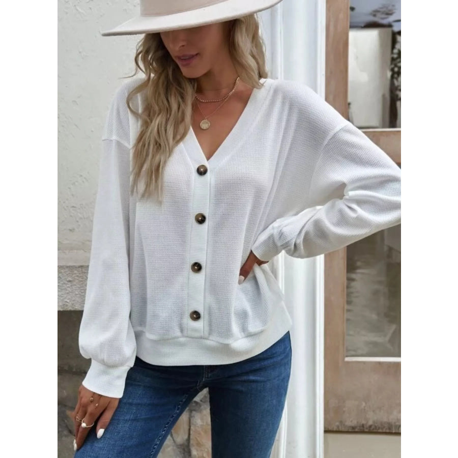 Casual V-Neck Waffle Long Sleeve Top Apparel and Accessories