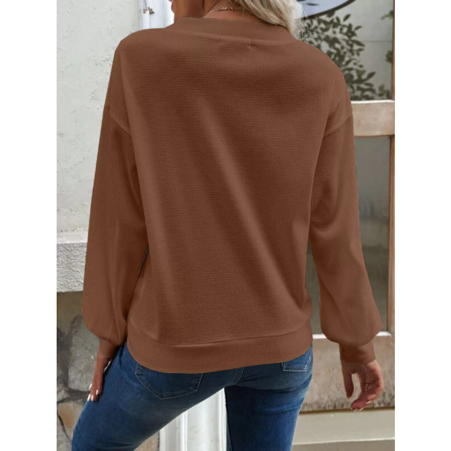 Casual V-Neck Waffle Long Sleeve Top Apparel and Accessories