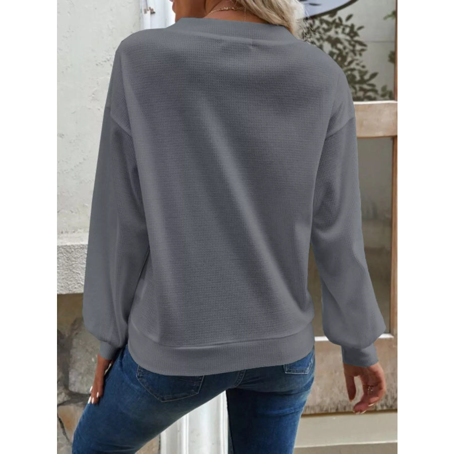 Casual V-Neck Waffle Long Sleeve Top Apparel and Accessories