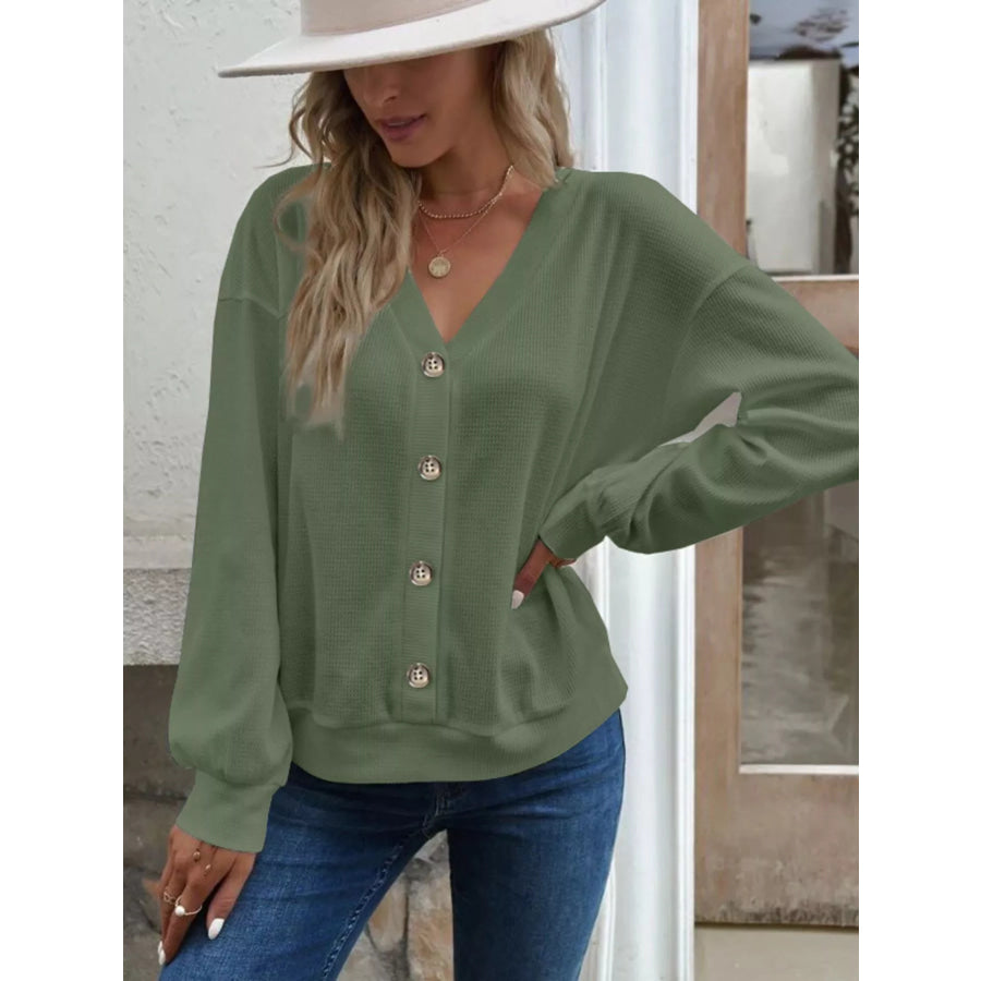 Casual V-Neck Waffle Long Sleeve Top Army Green / S Apparel and Accessories