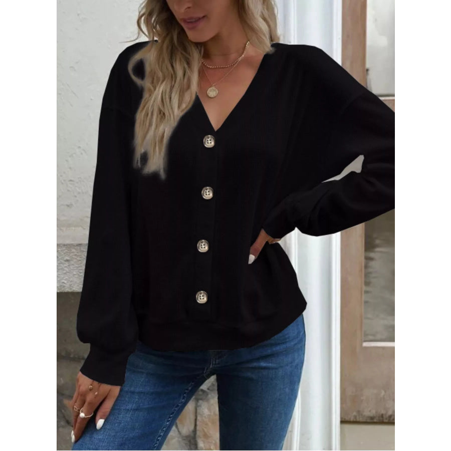 Casual V-Neck Waffle Long Sleeve Top Black / S Apparel and Accessories