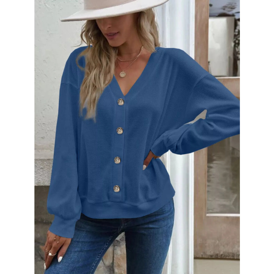 Casual V-Neck Waffle Long Sleeve Top Blue / S Apparel and Accessories