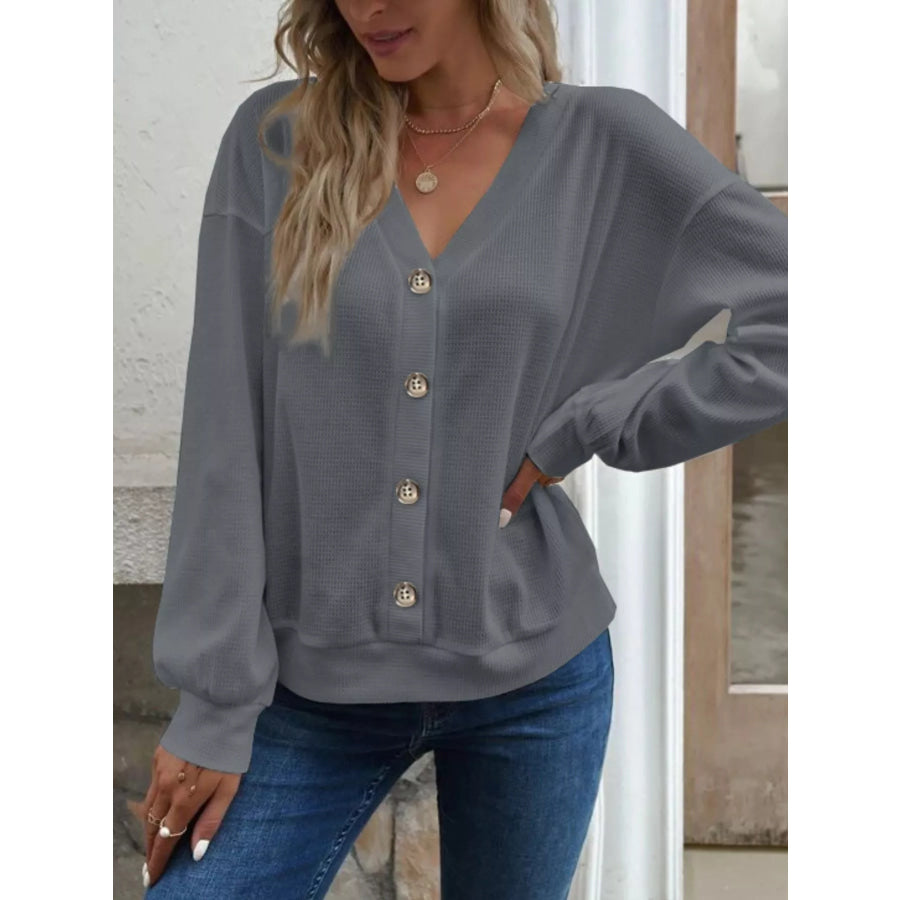 Casual V-Neck Waffle Long Sleeve Top Grey / S Apparel and Accessories
