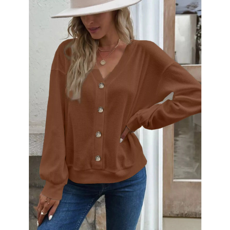 Casual V-Neck Waffle Long Sleeve Top Khaki / S Apparel and Accessories