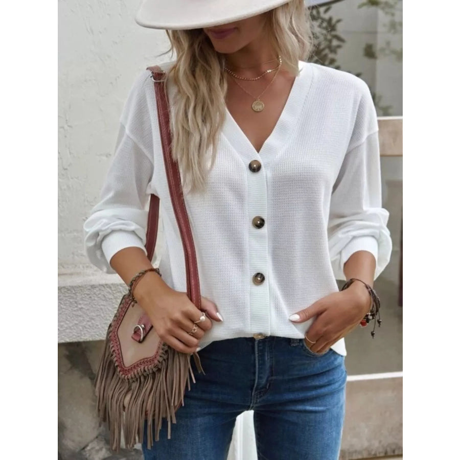 Casual V-Neck Waffle Long Sleeve Top White / S Apparel and Accessories