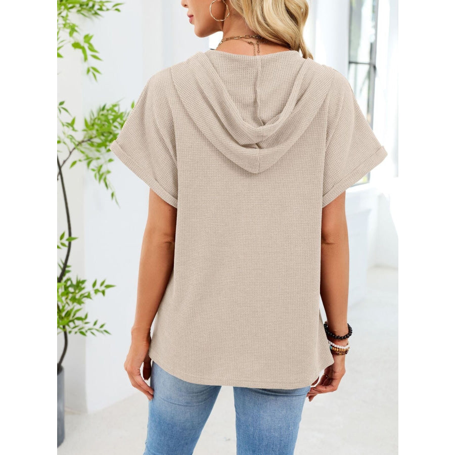 Casual Waffle Knit Button Detail Hooded Top Apparel and Accessories