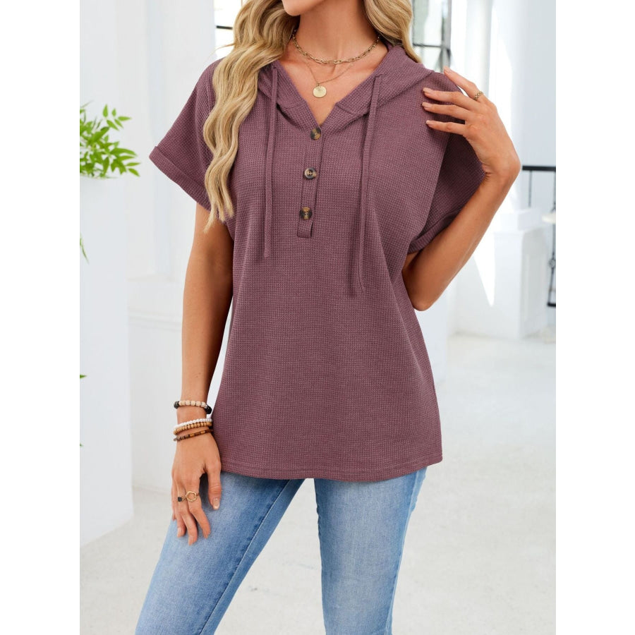 Casual Waffle Knit Button Detail Hooded Top Apparel and Accessories
