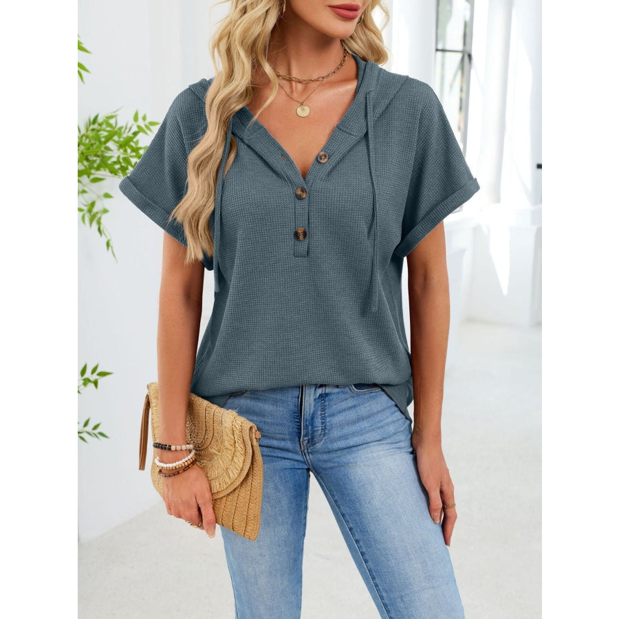 Casual Waffle Knit Button Detail Hooded Top Apparel and Accessories