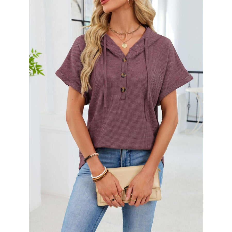 Casual Waffle Knit Button Detail Hooded Top Apparel and Accessories