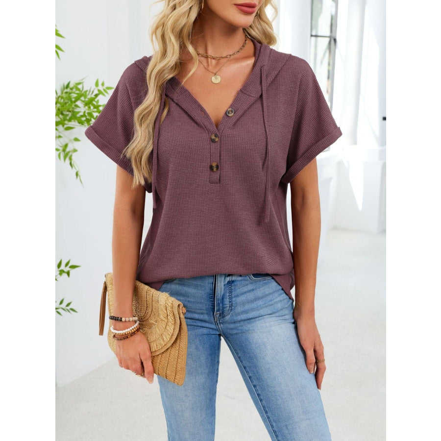 Casual Waffle Knit Button Detail Hooded Top Apparel and Accessories