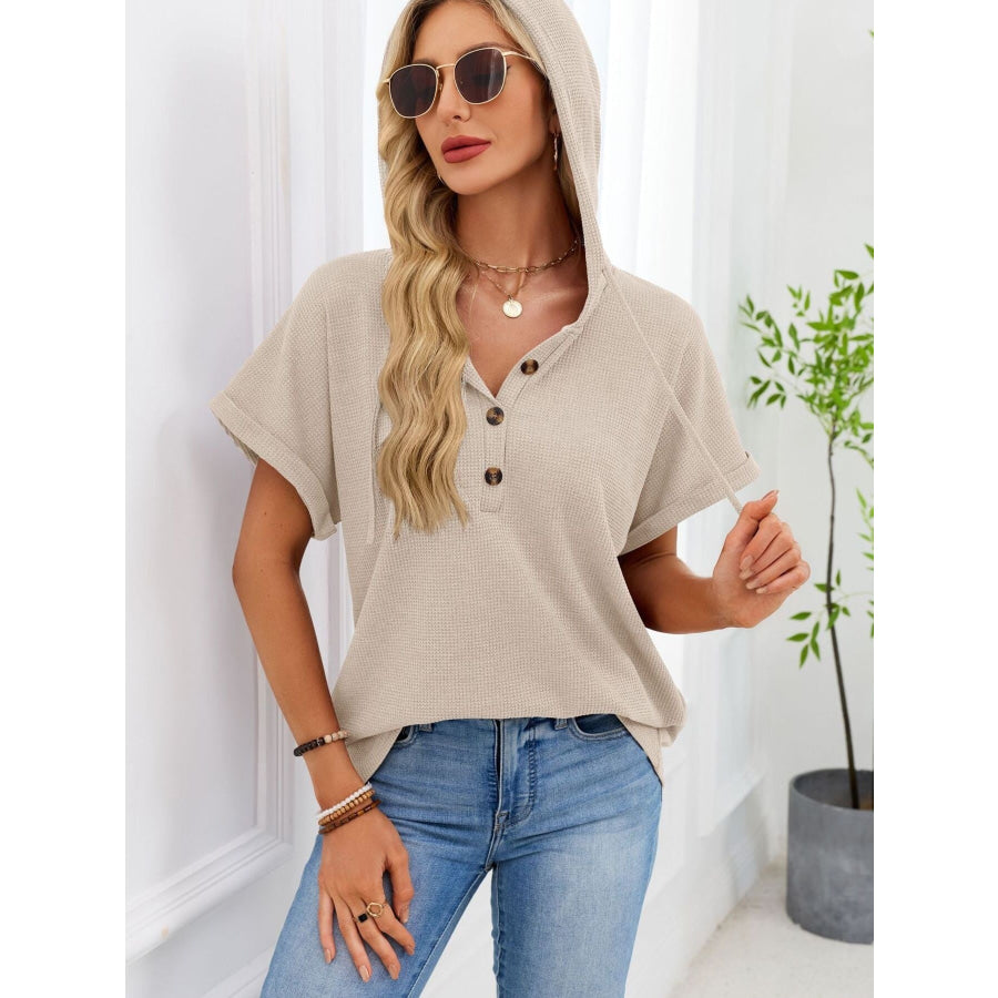 Casual Waffle Knit Button Detail Hooded Top Apparel and Accessories