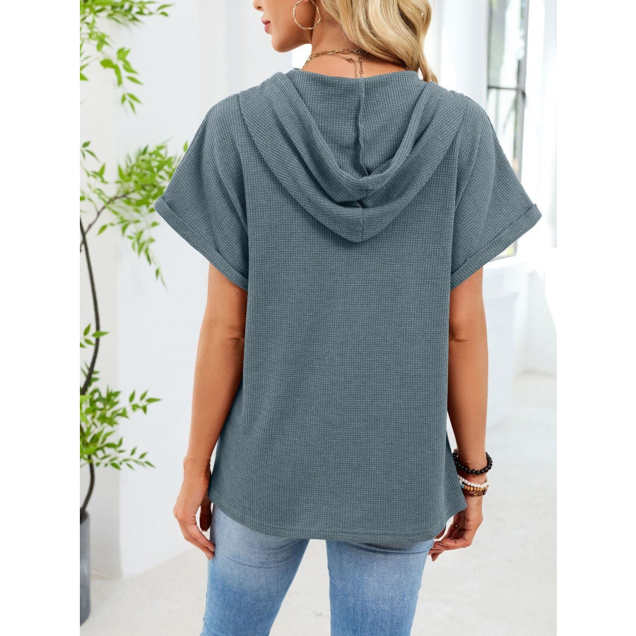 Casual Waffle Knit Button Detail Hooded Top Apparel and Accessories