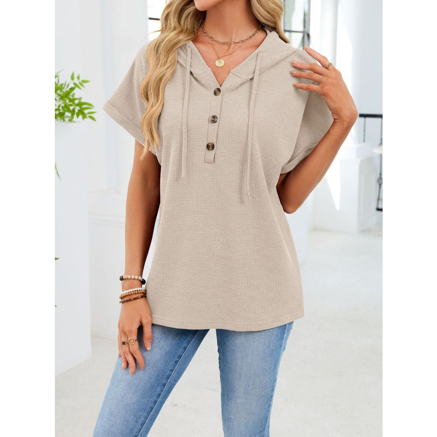 Casual Waffle Knit Button Detail Hooded Top Apparel and Accessories