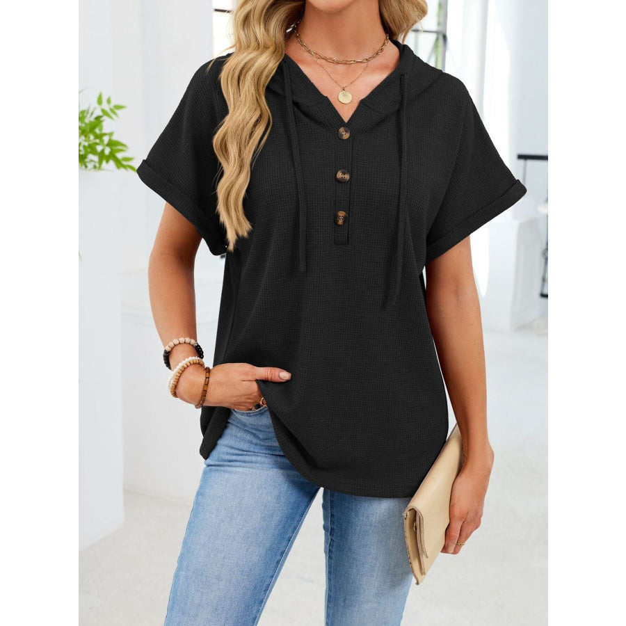 Casual Waffle Knit Button Detail Hooded Top Apparel and Accessories