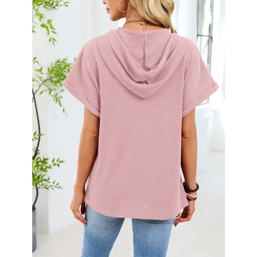 Casual Waffle Knit Button Detail Hooded Top Apparel and Accessories