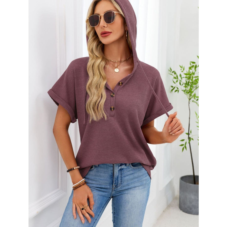 Casual Waffle Knit Button Detail Hooded Top Apparel and Accessories