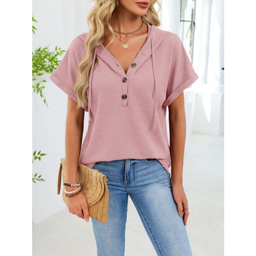 Casual Waffle Knit Button Detail Hooded Top Apparel and Accessories