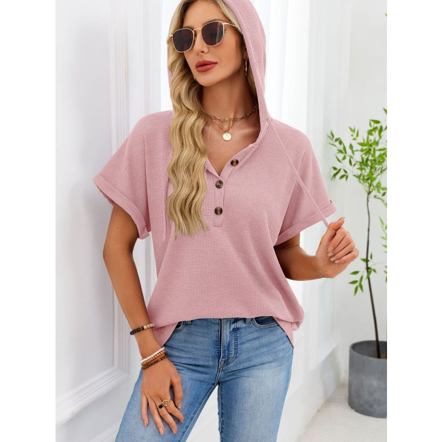 Casual Waffle Knit Button Detail Hooded Top Apparel and Accessories