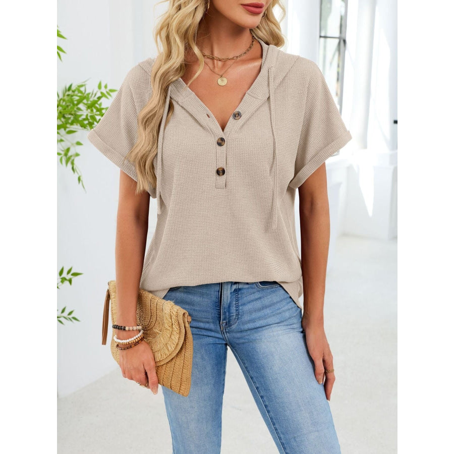 Casual Waffle Knit Button Detail Hooded Top Apparel and Accessories