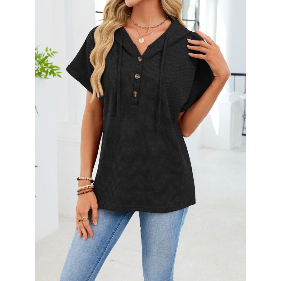 Casual Waffle Knit Button Detail Hooded Top Black / S Apparel and Accessories