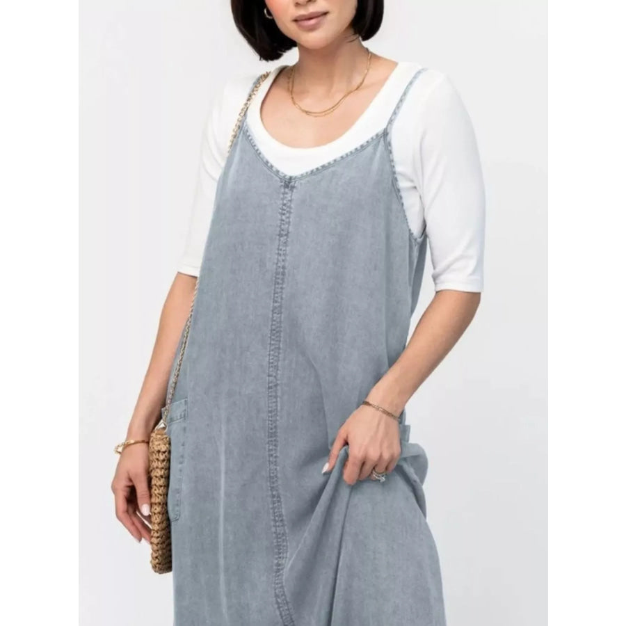 Casual Washed Denim Cami Maxi Dress Apparel and Accessories