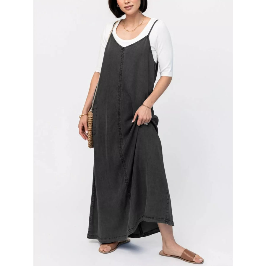 Casual Washed Denim Cami Maxi Dress Black / S Apparel and Accessories