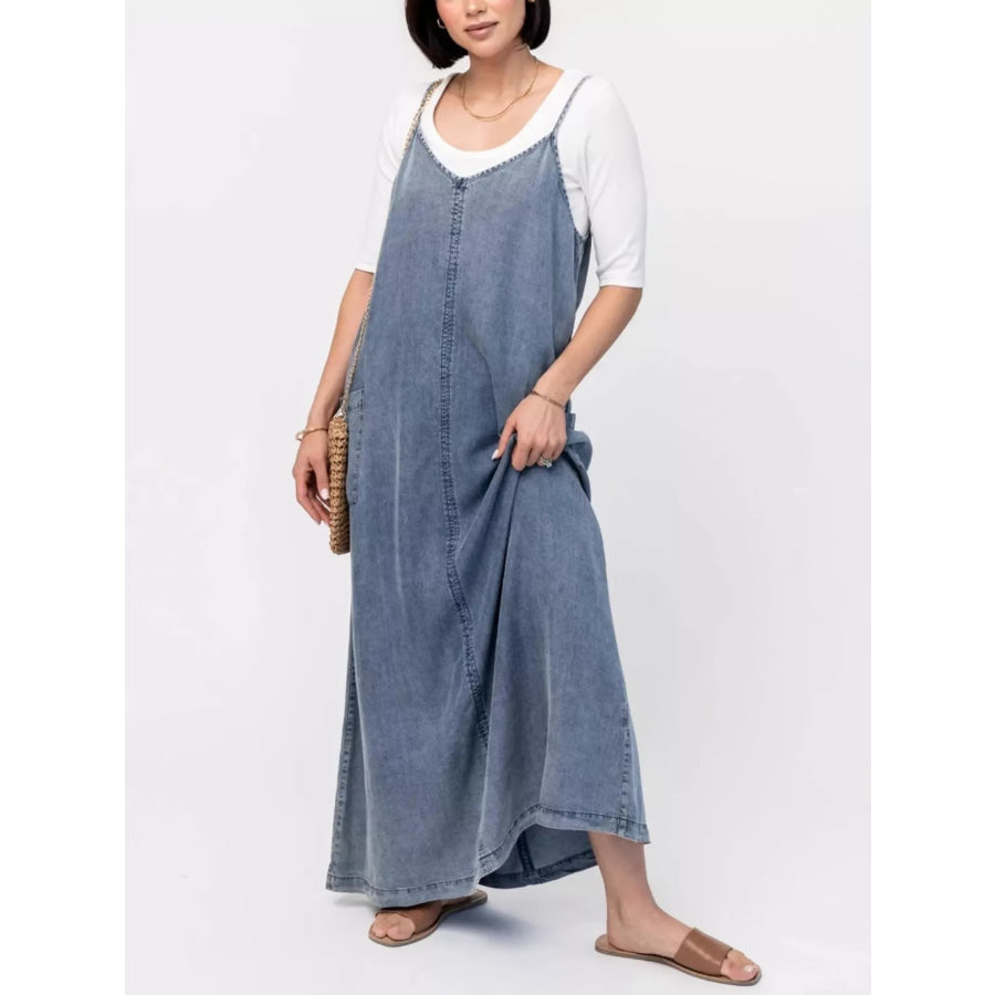 Casual Washed Denim Cami Maxi Dress Blue / S Apparel and Accessories