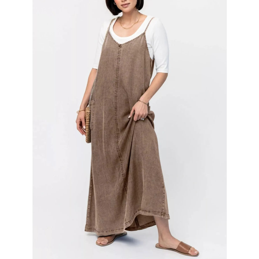 Casual Washed Denim Cami Maxi Dress Brown / S Apparel and Accessories