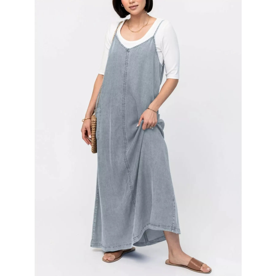 Casual Washed Denim Cami Maxi Dress Light Blue / S Apparel and Accessories