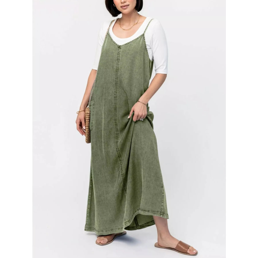 Casual Washed Denim Cami Maxi Dress Moss / S Apparel and Accessories