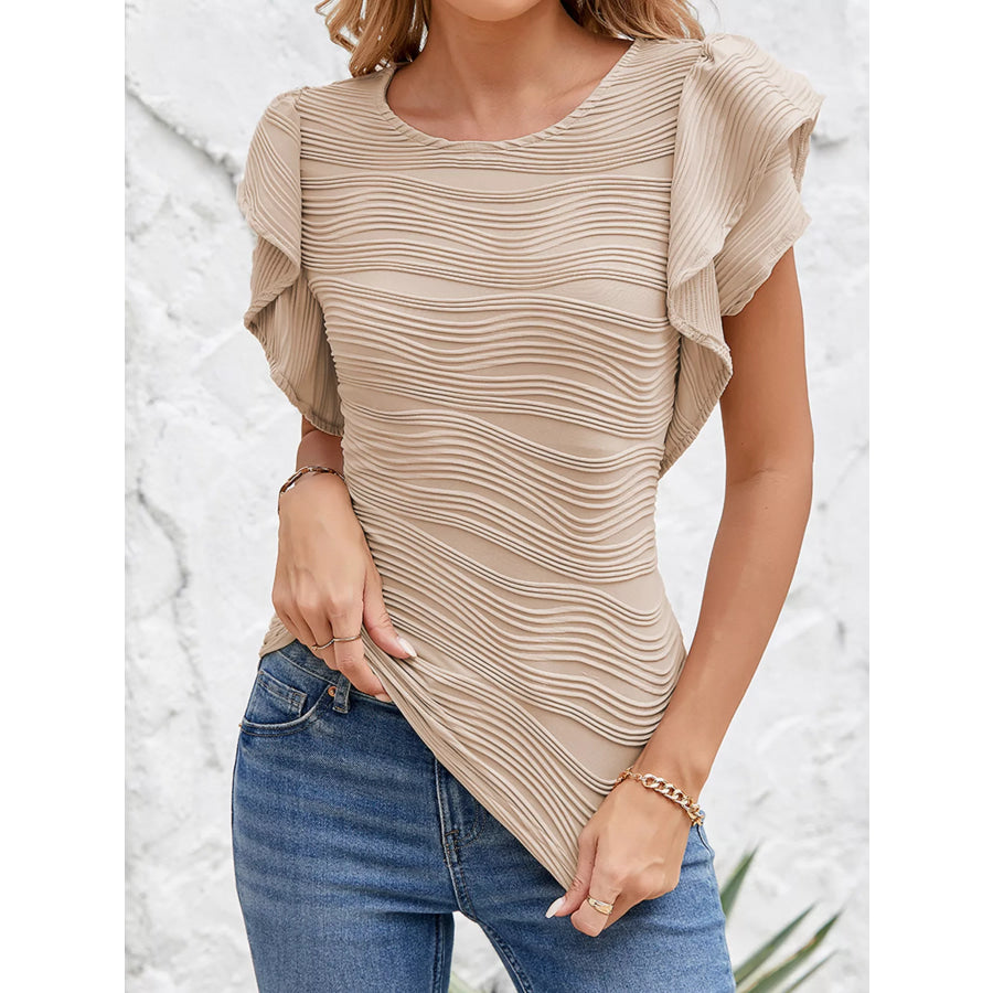 Casual Wavy Textured Ruffle Sleeve Top Tan / S Apparel and Accessories