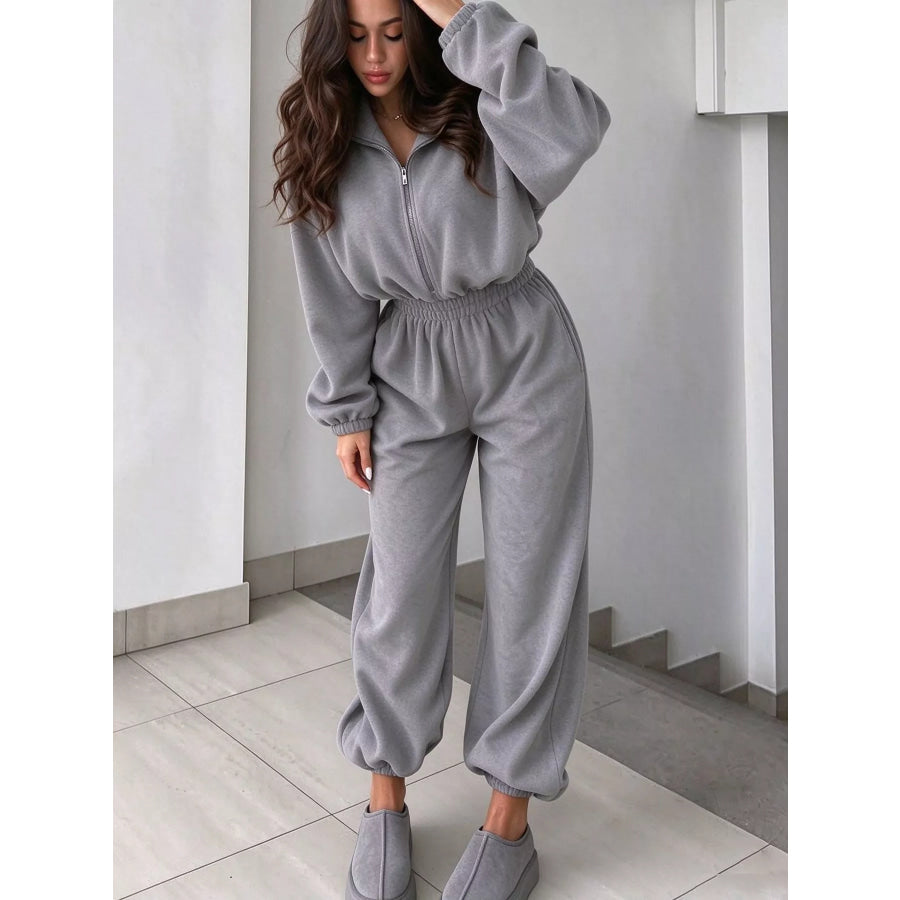 Casual Zip Front Long Sleeve Jumpsuit Apparel and Accessories