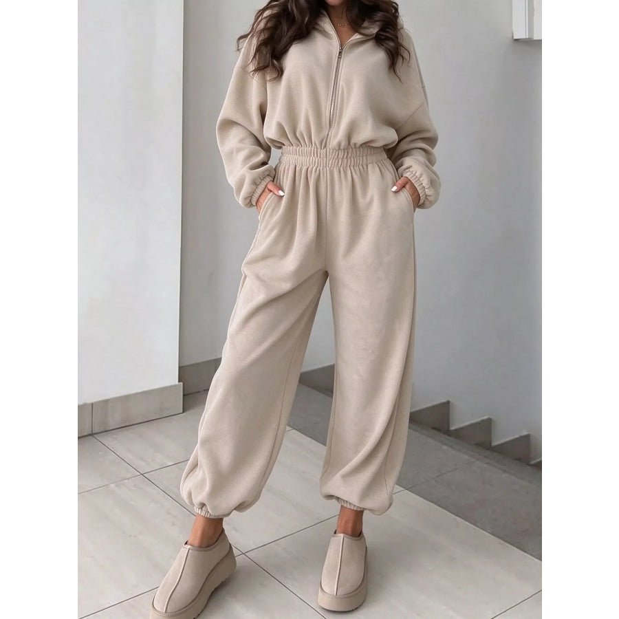 Casual Zip Front Long Sleeve Jumpsuit Apricot / S Apparel and Accessories