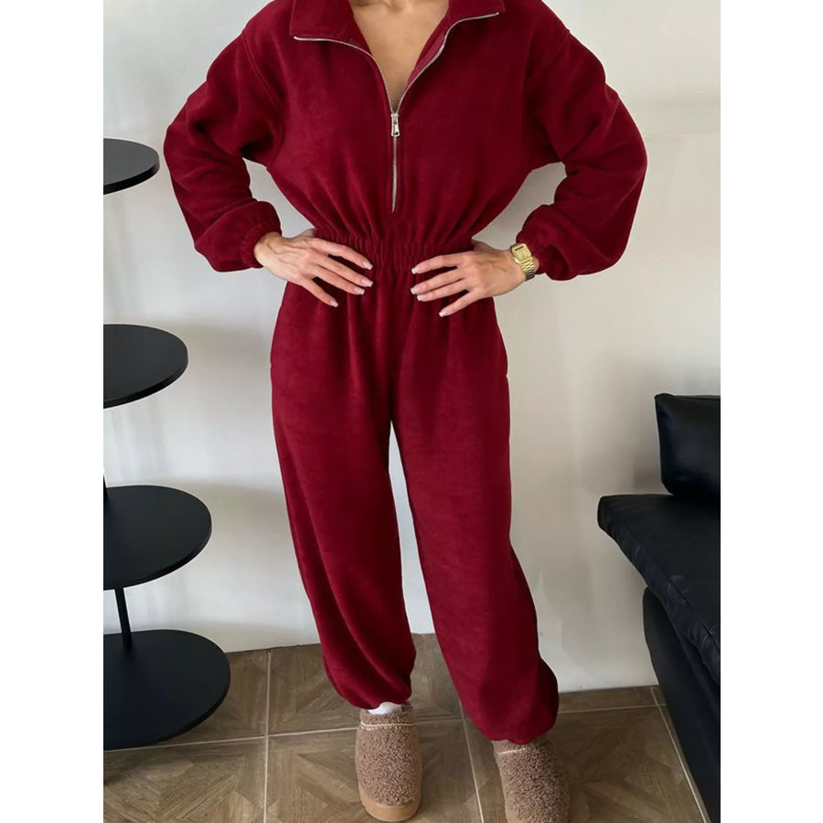 Casual Zip Front Long Sleeve Jumpsuit Burgundy / S Apparel and Accessories