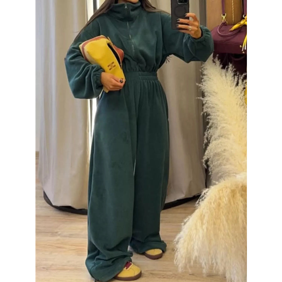 Casual Zip Front Long Sleeve Jumpsuit Dark Green-New / S Apparel and Accessories