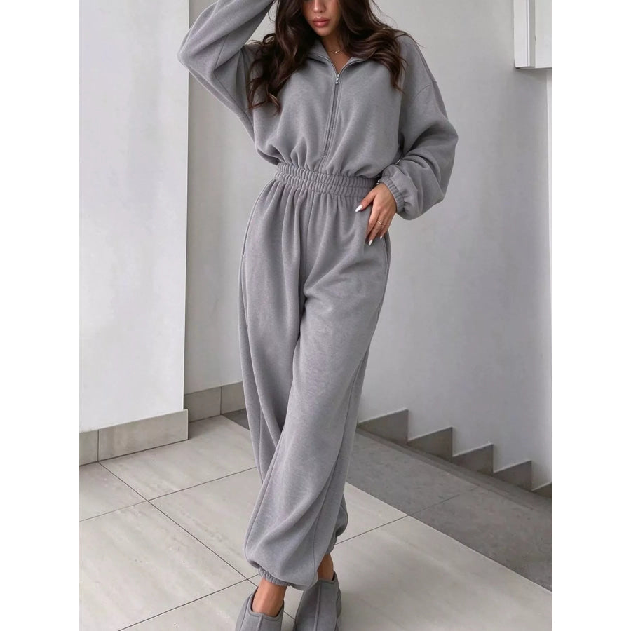 Casual Zip Front Long Sleeve Jumpsuit Light Gray / S Apparel and Accessories